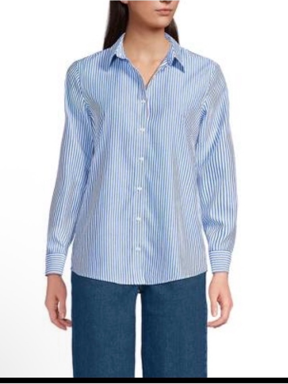 Lands’ End No Iron Supima Blue White Striped Button Down Shirt 4P Petite